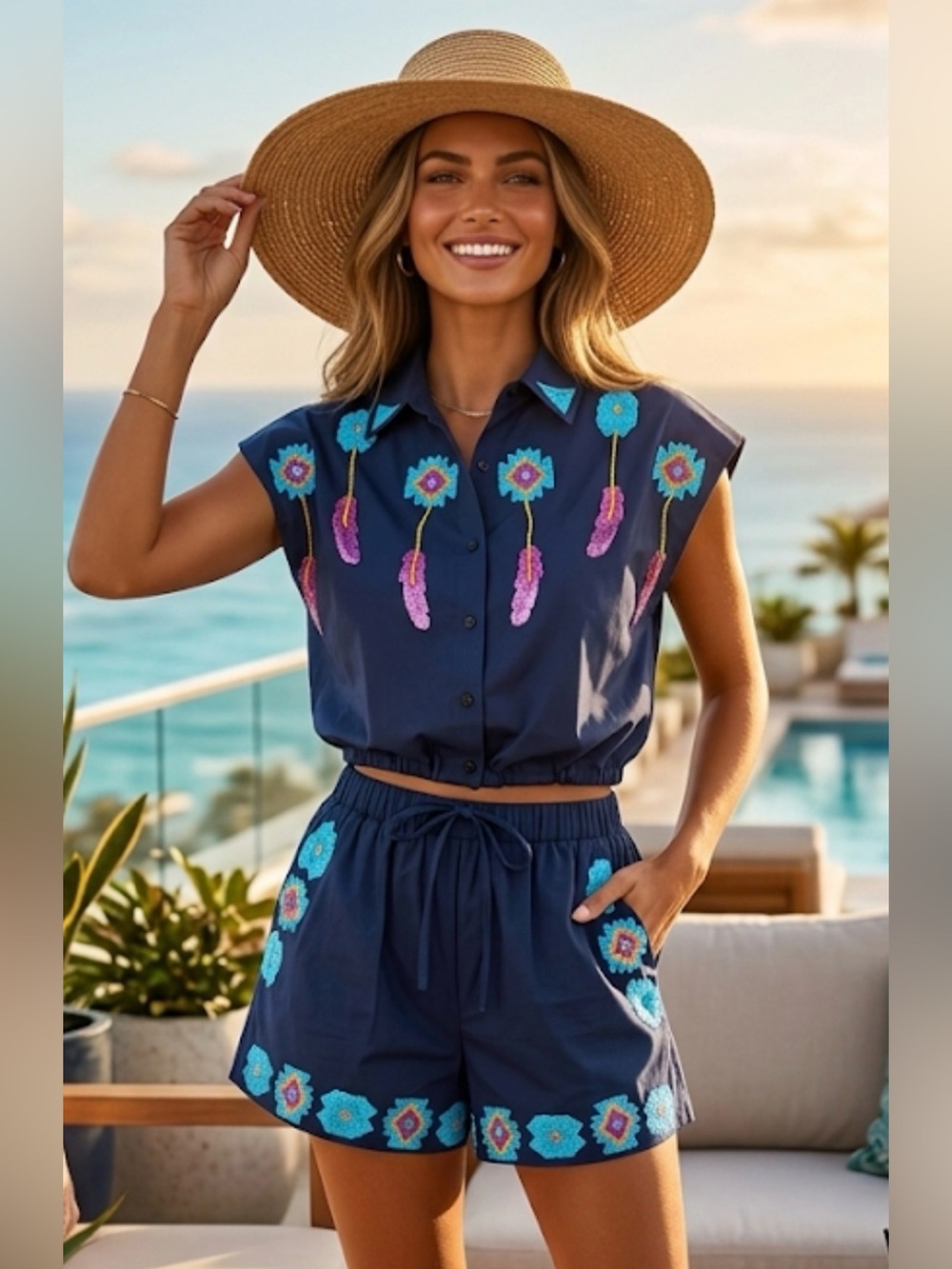 New! QUEEN OF SPARKLES Navy and Sequin Aztec Feather Top & Shorts Set